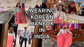 WEARING KOREAN HANBOK DRESS IN INDIA FOR A DAY  Indian People’s reaction [upl. by Ekud]