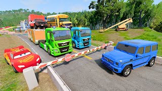 Double Flatbed Trailer Truck vs Speedbumps Train vs Cars  Tractor vs Train BeamngDrive [upl. by Amye]