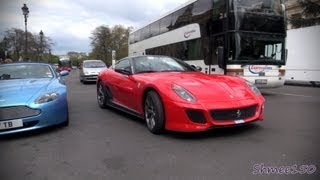 Two Ferrari 599 GTOs in Paris  Startup and Acceleration [upl. by Decker]