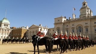 Household Cavalry London  Horses Soldiers and Tourists [upl. by Ihcalam490]