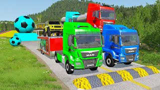 Double Flatbed Trailer Truck vs Speedbumps Train vs Cars  Tractor vs Train BeamngDrive 059 [upl. by Iclehc]