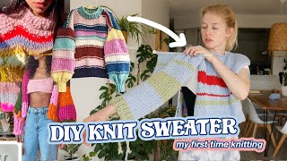 knitting a sweater for the first time  DIY EASY KNIT SWEATER with NO PATTERN [upl. by Marven499]