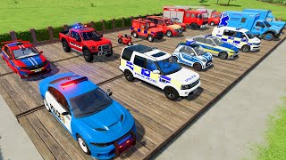 TRANSPORTING CARS AMBULANCE FIRE TRUCK POLICE CARS OF COLORS WITHTRUCKS  FARMING SIMULATOR 22 [upl. by Danuloff]