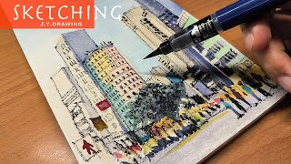 Drawing Street Scenes Buildings with Brush Pen and Watercolor【 Hong Kong Travel Sketch 】 [upl. by Eigram882]