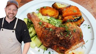 Spiced Chicken Leg Quarters with Schmaltzy Potatoes amp Fresh Zucchini Salad [upl. by Eilac]