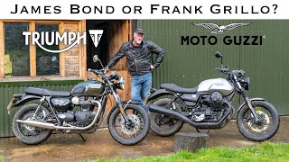 Battle of the Modern Classics Triumph T100 vs Moto Guzzi V7 Which Motorbike Should YOU go For [upl. by Sirovaj604]