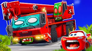 Big amp SmallMcQueen and Mater VS Crane MONSTER TRUCK ZOMBIE apocalypse Halloween in BeamNGdrive [upl. by Alysia]