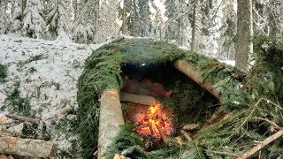 Bushcraft Survival Shelter Winter Camping in Deep Snow Outdoors Cooking Nature Sounds [upl. by Alleyn481]