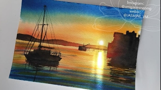 Ecoline watercolor sunset drawing [upl. by Gina48]