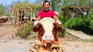 Huge Bull Head Burnt in Fire Till Golden amp Braised in Crazy Spicy Broth  Uncle Rural Gourmet [upl. by Vani998]