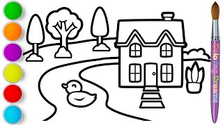 How to Draw a House amp Landscape Step by Step for Kids  Coloring Pages  Painting  Easy Drawing [upl. by Evonne]