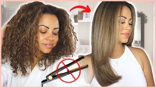 🚫NO FLAT IRON🚫 STRAIGHT HAIR ROUTINE  SALON BLOWOUT AT HOME  HOW TO BLOW DRY CURLY HAIR STRAIGHT [upl. by Sitoeht]