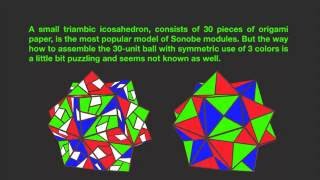 How to assemble a modular origami Sonobe small triambic icosahedron with symmetric use of 3 colors [upl. by Sirovart]