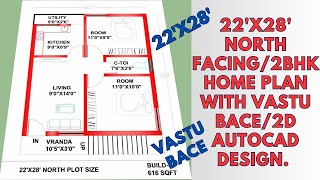 22x28 North facing2BHK home plan with vastu bace2D AutoCAD design [upl. by Nassi735]