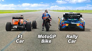 F1 Car vs MotoGP Bike vs Rally Car Ultimate Drag Race [upl. by Nairrad280]