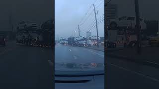 Stuck Car carrier bottomed out blocking highway [upl. by Aicirtan]