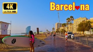 4K🇪🇸 Barcelona Spain  WALKING TOUR  Barceloneta Beach walk 🏖️  morning downtown  4KHDR [upl. by Alyac]