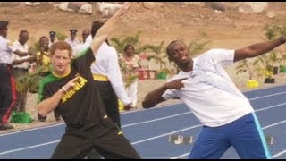 Jubilee tour of the Caribbean Prince Harry races Usain Bolt [upl. by Gersham]