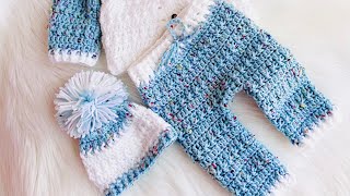 How to crochet baby clothes for 03 months Easy Thomas set with pants cardigan and hat [upl. by Fransen]