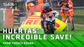 INSANE SAVE Huertas SOMEHOW saves it after huge moments in wet Warm Up 😱  2024 FrenchWorldSBK 🇫🇷 [upl. by Echo]