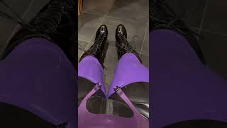 Purple latex stockings over the black rubber catsuit latex boots stockings latexrubber [upl. by Moe]