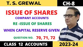 ISSUE OF SHARES COMPANY ACCOUNTS TSGrewal Ch 8 Que no70 7172When capital reserve given2023 [upl. by Beetner]