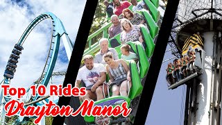 Top 10 rides at Drayton Manor  2021 [upl. by Aerbas]