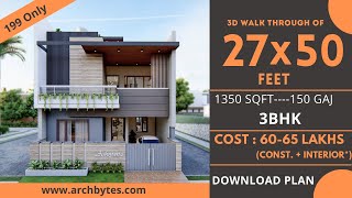 27x50 House Design 3D  1350 Sqft  150 Gaj  3 BHK  Modern Design  Terrace Garden  8x15 Meters [upl. by Sara207]