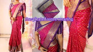 How to drape prepleated saree  how to wear prepleated saree step by step  Easy saree draping [upl. by Aerdnuahs862]