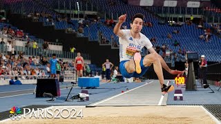 Greeces Miltiadis Tentoglou DEFENDS mens long jump gold medal at Paris Olympics  NBC Sports [upl. by Ainerbas]