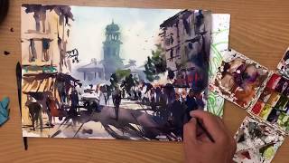 City painting Watercolor Bymotiv akvarel maleri [upl. by Mccreary7]