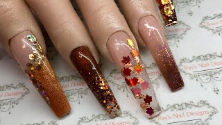 Extra Long Autumnal Fall Nail Art Design using CJP Acrylic System and Sonia Williams Glitters [upl. by Ennovehc]