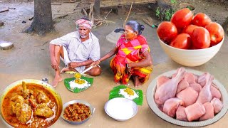 TOMATO CHICKEN CURRY prepared by santali tribe grandma and eating together  chicken curry [upl. by Azalea812]