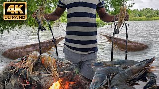 Prawn grill on Stone cooking delicious  Big PRAWNS FRY  Big Shrimp recipe  Biggest River Shrimp [upl. by Pretrice]