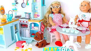 Baby Doll baking cupcakes in the kitchen Puppy makes a mess Play Toys [upl. by Yousuf]