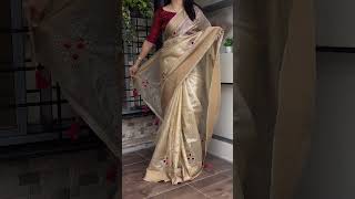 Organza silk saree with thread work and jacquard Red blouse trending onam shorts saree festival [upl. by Sherie]