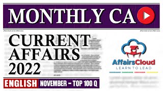 Current Affairs November 2022  English  Current Affairs  AffairsCloud  Top 100 [upl. by Arbba462]