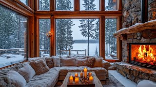 Snowy Winter Day at a Cozy Room Lakeside View Ambience ❄️Calm Piano Music amp Warm Fireplace to Relax [upl. by Lilly]