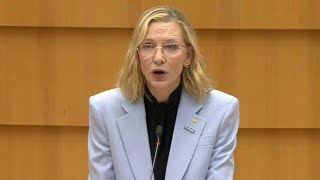 Cate Blanchett dénonce quotles murs les barbelésles refoulementsquot devant le Parlement européen  AFP [upl. by Olra]