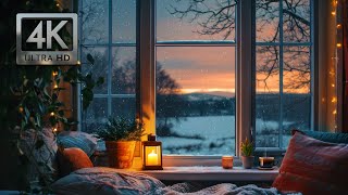 Winter Window Scene Ambience Blizzard Sounds Falling Snow and Crackling Fire [upl. by Weisler]