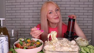 MUKBANG  Паста с креветками в сливочном соусе салат с красной рыбой  pasta salad не ASMR [upl. by Ahsinam]