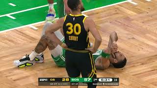 Jayson Tatum amp Derrick White shaken up after colliding with Steph Curry  NBA on ESPN [upl. by Tavey495]