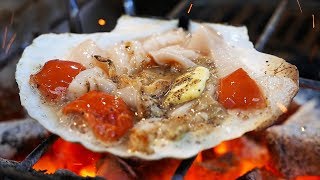 Japanese Street Food  OSAKA SEAFOOD Giant Scallops Oysters Sea Urchin Japan [upl. by Agon222]