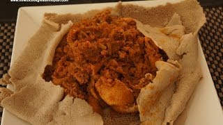 Ethiopian Food  Sega Firfir recipe Amharic English Injera lamb meat berbere [upl. by Bilat8]