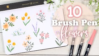 10 Easy Brush Pen Flowers  Beginner Friendly Drawing Tutorial [upl. by Eniamej418]