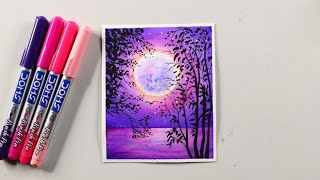 Beautiful Moonlight scenery painting with DOMS brush pen  easy oil pastel drawing for beginners [upl. by Isaacson260]