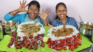 Hot amp Spicy Fish 65 VS Chicken 65 with Fish Curry VS Chicken Curry Eating Challenge in Tamil Foodies [upl. by Ahsaek524]