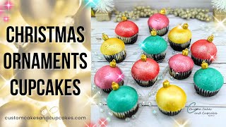 CHRISTMAS ORNAMENT CUPCAKES Tutorial How to Make Easy Smooth Holiday Bauble Glitter Buttercream [upl. by Nelia]