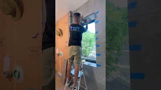 Bathroom window with miter cuts tile tiling diy master craft learning followme tilingtips [upl. by Spenser]