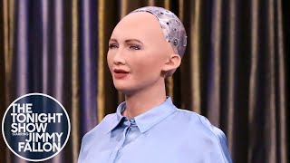 Tonight Showbotics Jimmy Meets Sophia the HumanLike Robot [upl. by Shel]